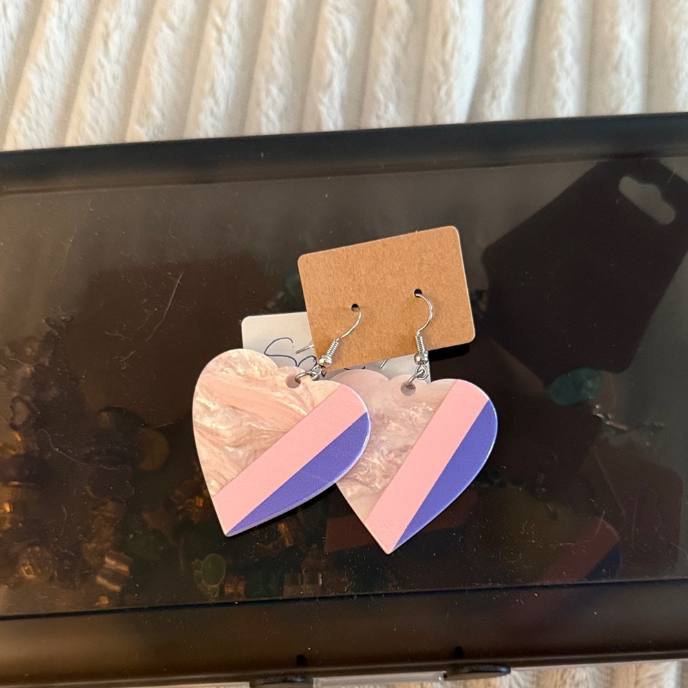 Heart-Shaped Earrings with Pink and Purple Stripes
